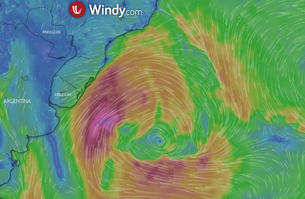 Imagem do Windy mostra o aumento da circulação dos ventos entre a costa da Argentina, do Uruguai e Regiões Sul e Sudeste do Brasil. Um ciclone extratropical se movimento pelo oceano. Crédito: Windy. 
