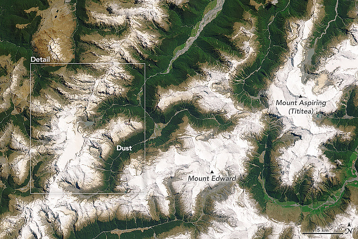 Imagem de sat�lite mostra modifica��o dos Alpes do sul da Nova Zel�ndia atingido pela fuma�a dos inc�ndios florestais da Austr�lia. Cr�dito: NASA.