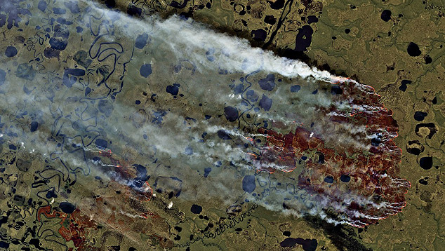 Imagem de satélite mostra no detalhe parte da Sibéria queimando no último dia 9 de junho. Os incêndios continuam ativos. Crédito: CopernicusEU