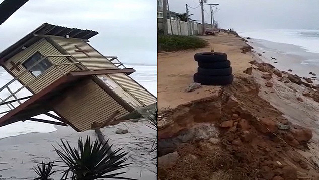 Imagens divulgadas em redes sociais dos estragos causados pela ressaca em Arraial do Cabo, no litoral do Rio de Janeiro, nesta quinta-feira.  