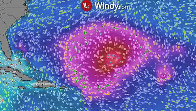Ondas geradas no Atl�ntico norte pela tempestade tropical Paulette. A tempestade deve evoluir para um furac�o antes de cruzar a Bermuda. Cr�dito: Windy.