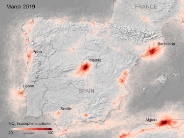 Concentra��o de di�xido de nitrog�nio sobre a Espanha e Portugal em mar�o de 2019. Cr�dito: ESA.