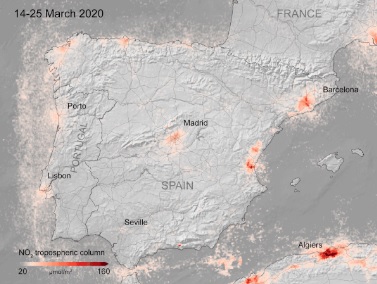 A forte queda nos níveis de dióxido de nitrogênio aparece com clareza em áreas como Madri, Barcelona, Lisboa e Porto. Crédito: ESA. 
