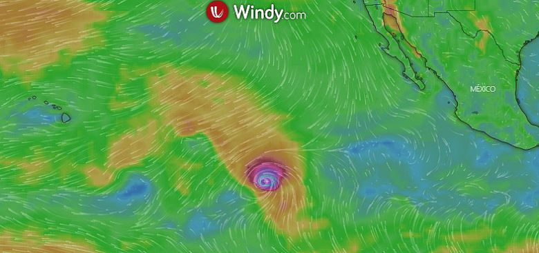 Rajadas de vento geradas pelo furac�o Douglas sobre o Pac�fico leste. Douglas segue rumo ao Hava� nos pr�ximos dias. Cr�dito: Windy. 