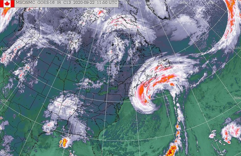 Imagem de satélite mostra a posição do furacão Teddy perto da Nova Escócia, no Canadá. Credito: Centro Canadense de Furacões.