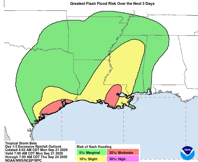 Alerta de inundação na costa do Texas e da Louisiana com o deslocamento da tempestade tropical Beta nos próximos dias. Crédito: NHC.