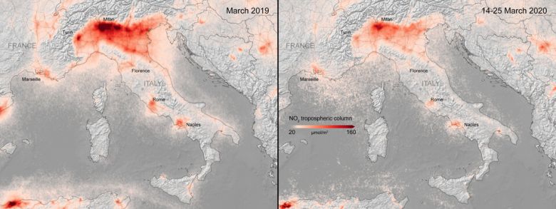 Compara��o da concentra��o de di�xido de nitrog�nio sobre a It�lia entre mar�o de 2019 e mar�o de 2020. Cr�dito: ESA.