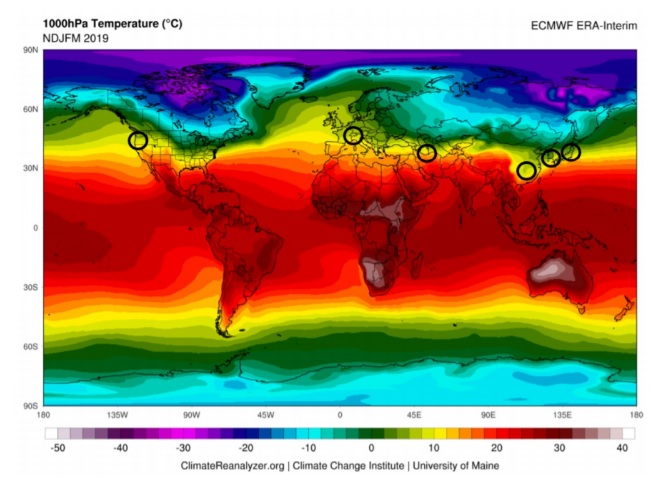 Mapa de temperatura mundial de novembro de 2018 a março de 2019. Os círculos representam países com importante transmissão comunitária do coronavírus. Fonte: ClimateReanalyzer.org, Climate Change Institute e University of Maine. 