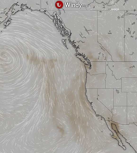 A massa de poeira deverá ser transportada sobre o oceano pelos ventos em direção ao Golfo do Alasca nos próximos dias. Projeção feita pela NASA para o dia primeiro de outubro. Crédito da imagem: Windy.