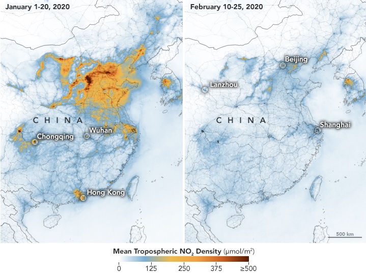 Imagem comparativa mostra a concentra��o de di�xido de nitrog�nio sobre regi�es da China entre janeiro e fevereiro de 2020. Cr�dito: NASA/ESA