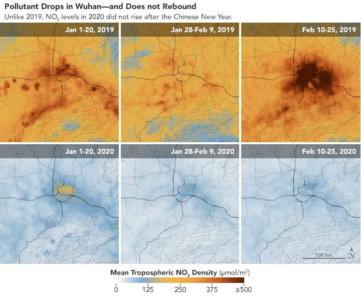 Imagens comparativas mostram a concentra��o de di�xido de nitrog�nio em �reas pr�ximas a Wuhan. Medidas tomadas para conter o propaga��o do novo coronav�rus podem ter influenciado na redu��o significativa do n�vel de polui��o. Cr�dito: NASA/ESA.