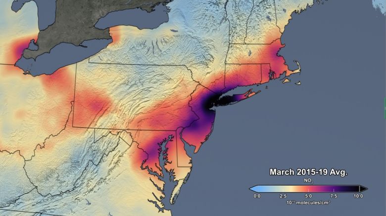 Concentra��o m�dia de di�xido de nitrog�nio sobre o nordeste dos Estados Unidos em mar�o de 2015. Cr�dito: NASA.