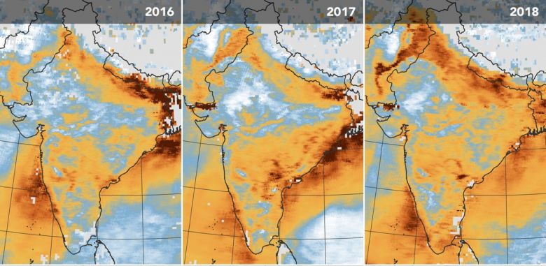 Mapas gerados pela NASA mostram a concentração de aerossóis sobre a Índia nos últimos anos. Crédito: NASA.