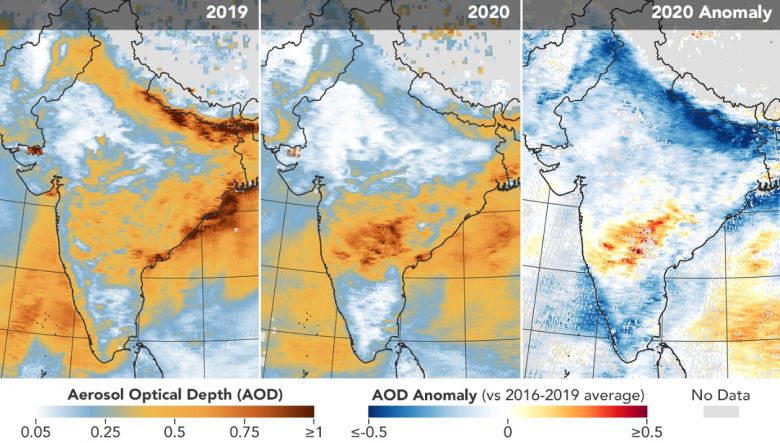 Mapas gerados pela NASA mostram a concentração de aerossóis sobre o norte da Índia antes e depois da pandemia do novo coronavírus. Crédito: NASA. 