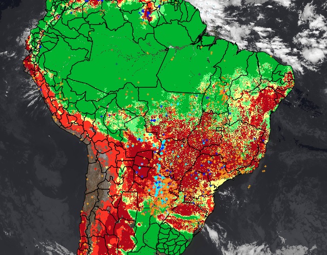 Risco de fogo no Brasil é alto nas áreas vermelhas do mapa nesta quarta-feira, dia 29. O Rio Grande do Sul está batendo recorde dos últimos anos de medições. Crédito: INPE.