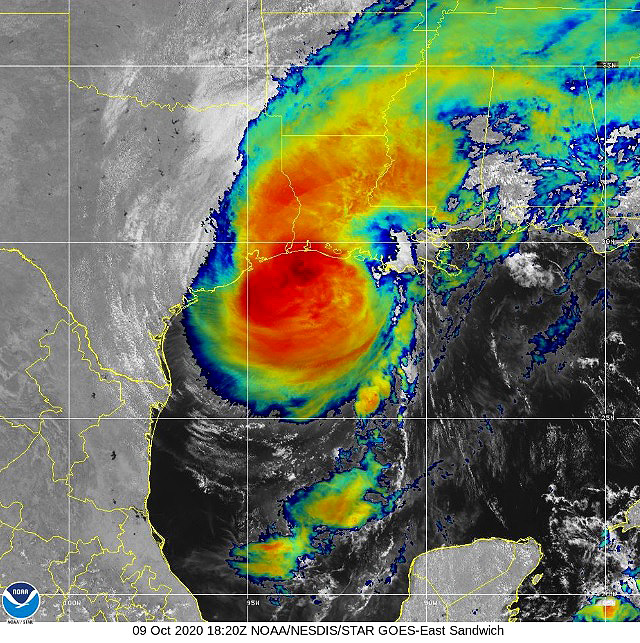 Imagem de satélite mostra o centro do grande furacão Delta muito próximo da costa da Louisiana em 9 de outubro. O furacão irá tocar o solo nas próximas horas desta sexta-feira. Crédito: NOAA/GOES-East. 