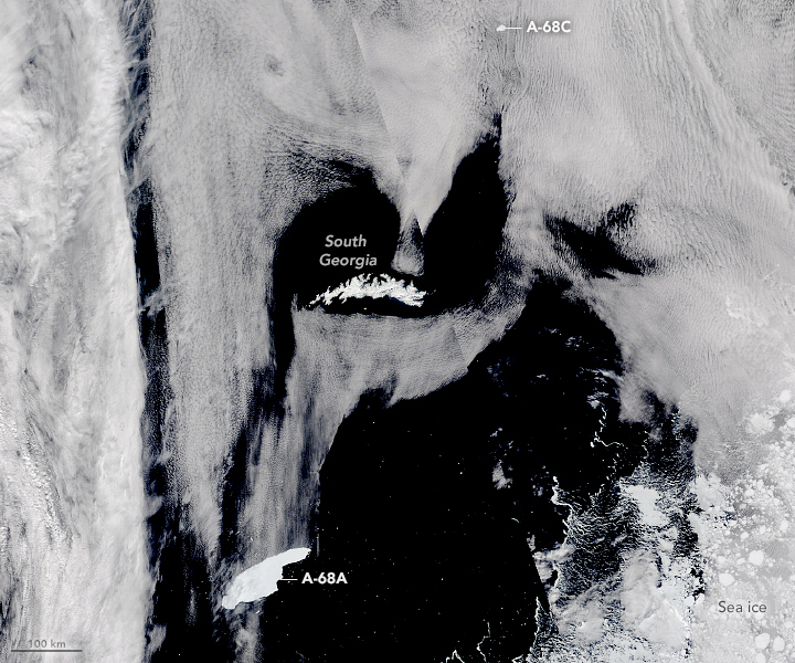 Imagem de sat�lite mostra o imenso A-68A ainda pouco fragmentado rumo � Ge�rgia do Sul no dia 5 de novembro. Cr�dito: NASA. 
