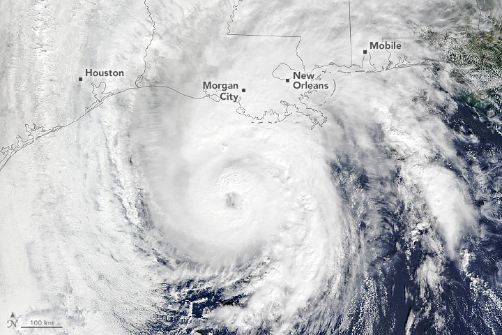 Imagem de satélite mostra o furacão Zeta se aproximando da costa sul dos Estados Unidos em 28 de outubro. Crédito: NASA/EarthObservatory