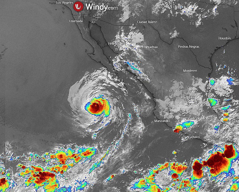 Imagem de satélite mostra a localização do furacão Elida e várias instabilidades que atuam sobre a região do Pacífico leste nesta terça-feira. Crédito: Windy/EUMETSAT.
