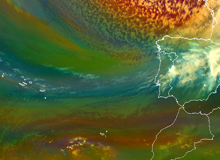 Imagem de sat�lite mostra nuvens e instabilidades avan�ando para Portugal nesta quinta-feira. Cr�dito: EUMETSAT/IPMA