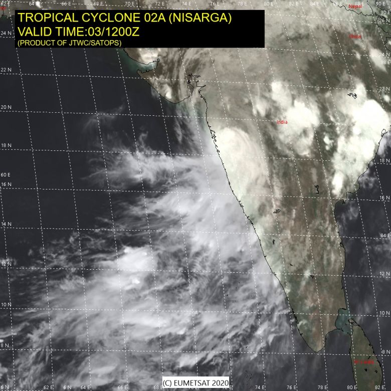 Imagem de satélite mostra o ciclone tropical Nisarga na altura de Mumbai, sobre a costa oeste da Índia. Crédito: JTWC/SATOPS
