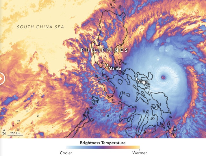 Imagem de satélite capturada pelo Suomi NPP da NASA-NOAA no dia 31 de outubro, quando o super tufão Goni estava muito perto das Filipinas. Crédito: NASA/NOAA