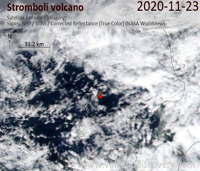 Imagem do sat�lite Suomi NPP mostra a regi�o do Stromboli em 23 de novembro. Cr�dito: Worldview NASA/Volcano Discovery