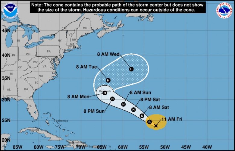 Trajeto estimado para a furacão Paulette que deve se formar neste sábado, dia 12. Crédito: NHC. 