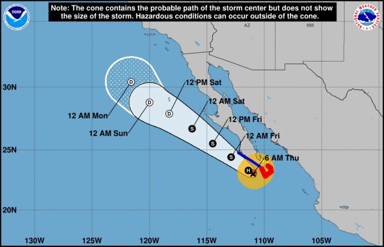 Trajeto previsto para Genevieve nos próximos dias. O furacão deve ser rebaixado para tempestade tropical nesta sexta-feira. Crédito: NHC