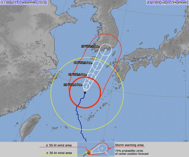 Trajeto previsto para o tuf�o Maysak. Cr�dito: JMA