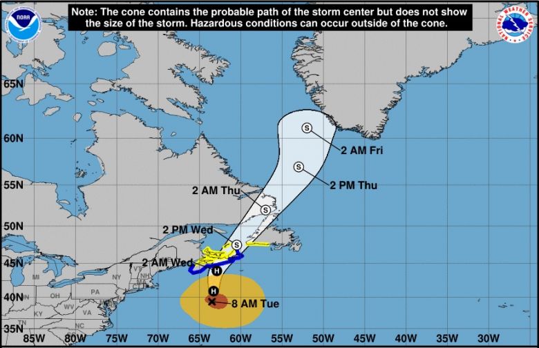 Trajeto previsto para o furaco Teddy nos prximos dias. Crdito: NHC.