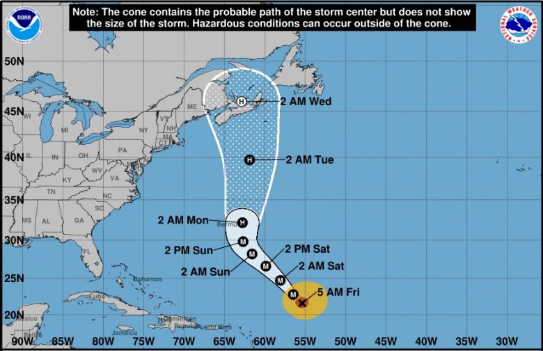 Trajeto previsto para o furacão Teddy nos próximos dias. Crédito: NHC.
