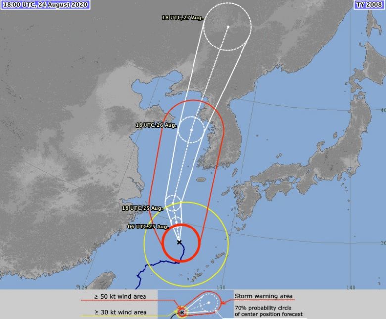 Trajeto do tufão Bavi estimado pela Agência Meteorológica do Japão. Crédito: AMJ. 