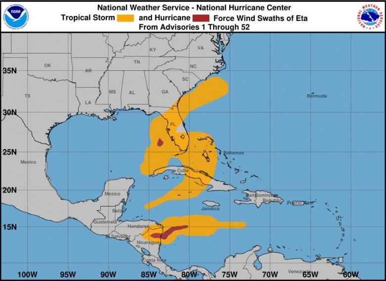 Trajeto dos ventos de Eta desde seu surgimento em primeiro de novembro sobre o mar do Carine, ao sul do Haiti. Cr�dito: NHC