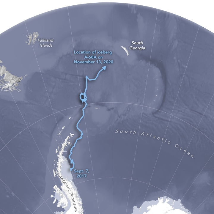 Trajeto percorrido pelo A-68A desde que se desprendeu da Pen�nsula Ant�rtida em julho de 2017. O gigante come�ou a andar em setembro. Cr�dito: NASA.