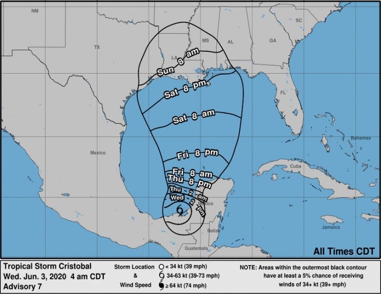 Prov�vel trajeto da tempestade tropical Cristobal e influ�ncia dos ventos nos pr�ximos dias. Cr�dito: NHC.