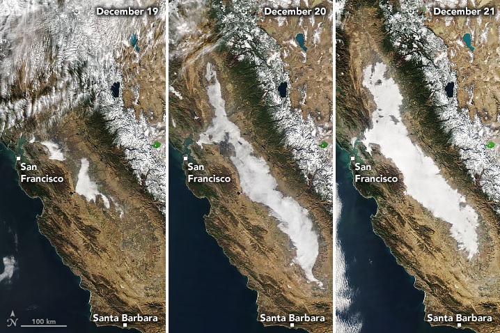 Imagens de satélite mostram o avanço do nevoeiro sobre o Central Valley, na Califórnia entre os dias 19 e 21 de dezembro. Crédito: NASA. 