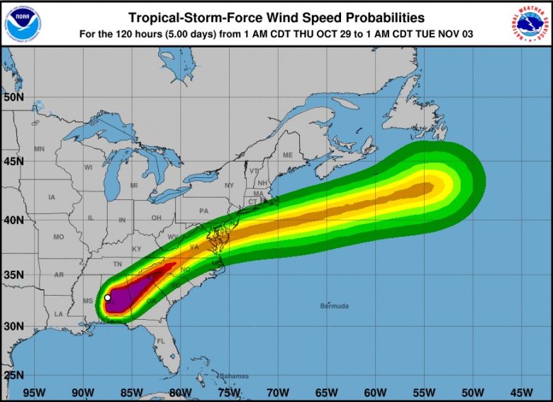 Força dos ventos estimados de Zeta sobre o interior dos Estados Unidos nos próximos dias. Crédito: NHC. 