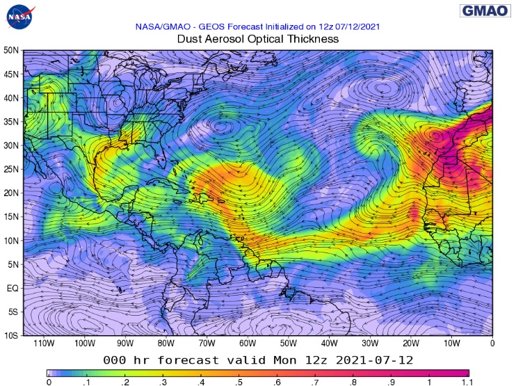 Modelo de previs�o mostra a presen�a de poeira sobre o Texas no in�cio da semana. Cr�dito: NASA