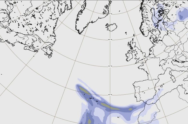 Modelo indica a presen�a de part�culas de aerossol de sulfato sobre o arquip�lago dos A�ores no dia 3 de novembro. Cr�dito: IPMA/ECMWF/Copernicus 