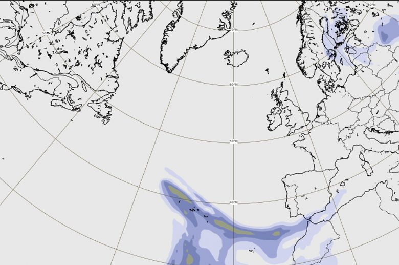 Modelo indica a presença de partículas de aerossol de sulfato sobre o arquipélago dos Açores no dia 3 de novembro. Crédito: IPMA/ECMWF/Copernicus 