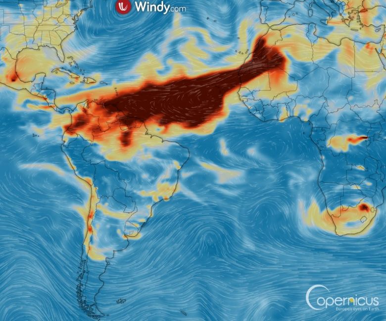 Partculas de dixido de enxofre se estende em grande concentrao do sul do Caribe  costa da frica. Crdito: Copernicus/ESA/Windy 