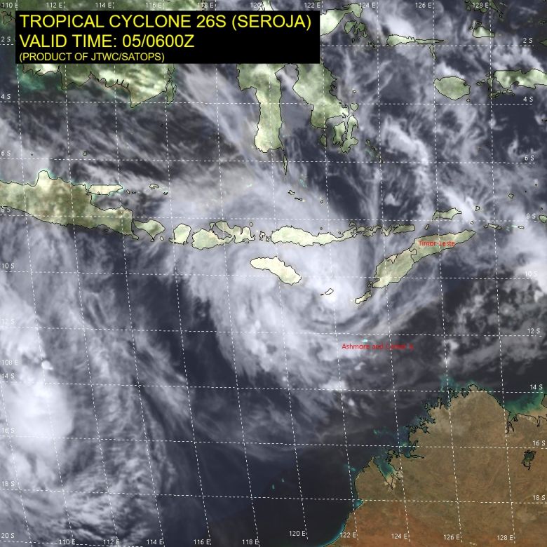 Imagem de satélite mostra o ciclone tropical Seroja sobre o mar de Savu, perto do Timor Leste, onde provoca chuvas torrenciais. Crédito: JTWC.
