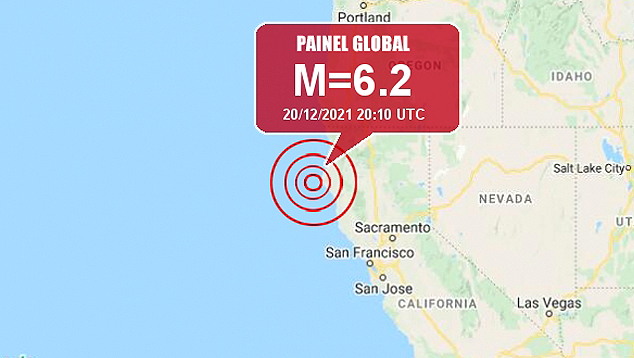 Localiza��o do forte tremor de magnitude 6.2 que sacuiu o noroeste da Calif�rnia no dia 20 de dezembro e est� gerando dezenas de r�plicas. Cr�dito: Painel Global