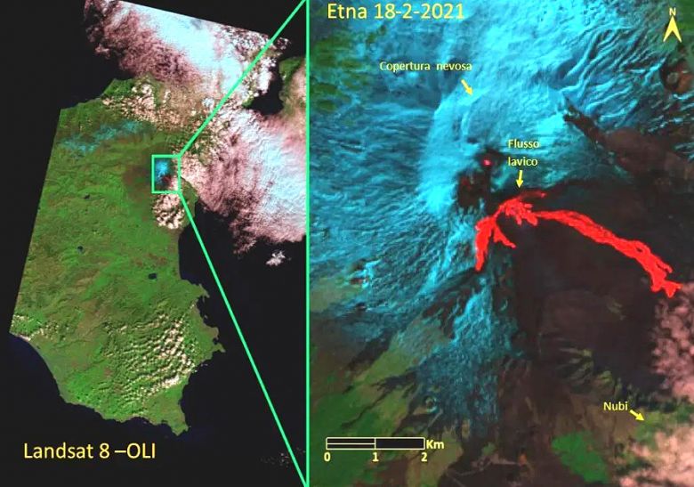 Imagem de satélite do dia 18 de fevereiro mostra o grande fluxo de lava escorrendo pela cratera sudeste do vulcão Etna. crédito: NASA