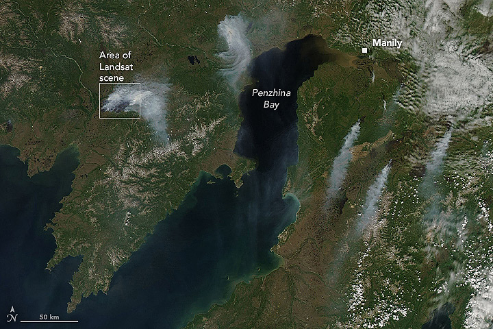 Focos de fogo se alastraram pelo nordeste da Rússia nas últimas semanas. Crédito: Aqua/NASA
