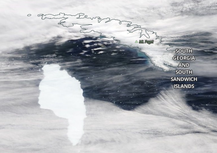 Iceberg A68-A a menos de 100 quilômetros da Geórgia do Sul em 15 de dezembro de 2020. Crédito: Worldview/NASA.