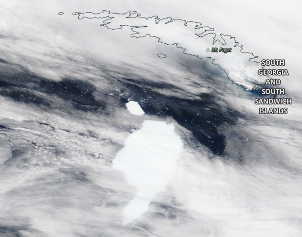 Bloco de gelo se rompe do A68-A e aparece nas imagens do dia 18 de dezembro de 2020. Cr�dito: Worldview/NASA.