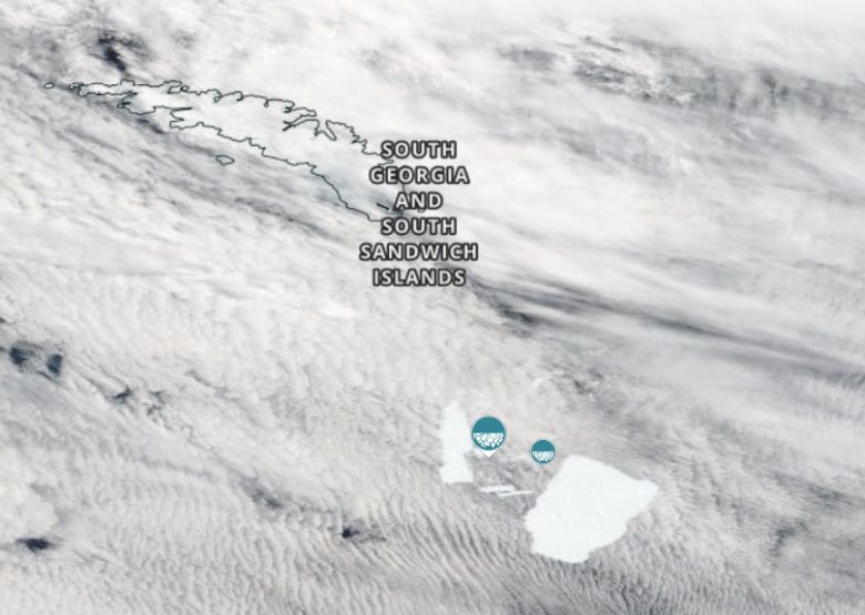 Os fragmentos A68-E e o A68-F al�m de outros menores podem ser vistos nesta imagem de sat�lite do dia 31 de dezembro de 2020. Cr�dito: Worldview/NASA.