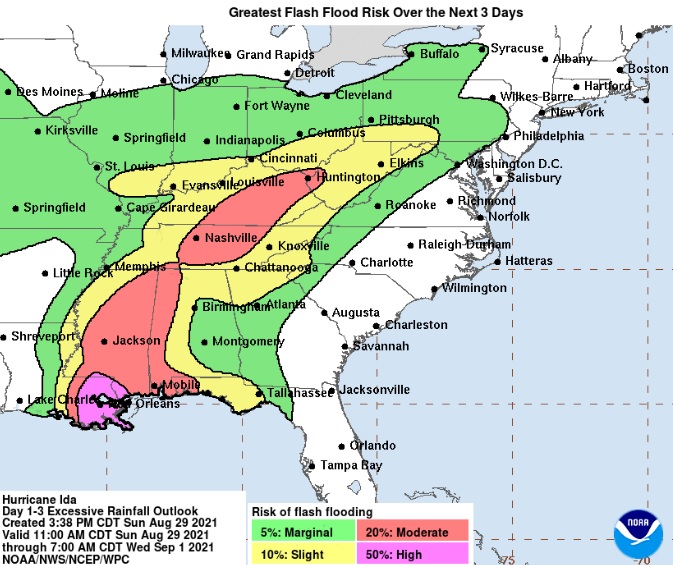 Potencial de inunda��es provocadas pelo deslocamento de Ida nos pr�ximos tr�s dias. Cr�dito: NHC
